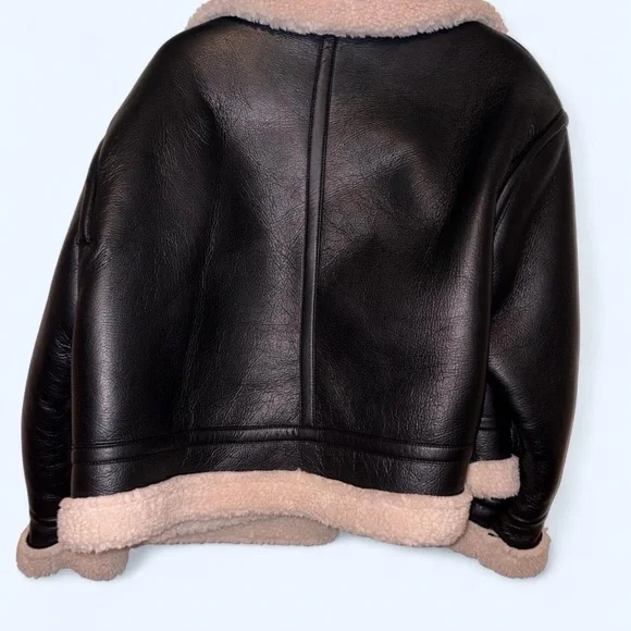 Black Shearling-Lined Leather Jacket with Cream Sherpa Trim - Picture 5 of 12